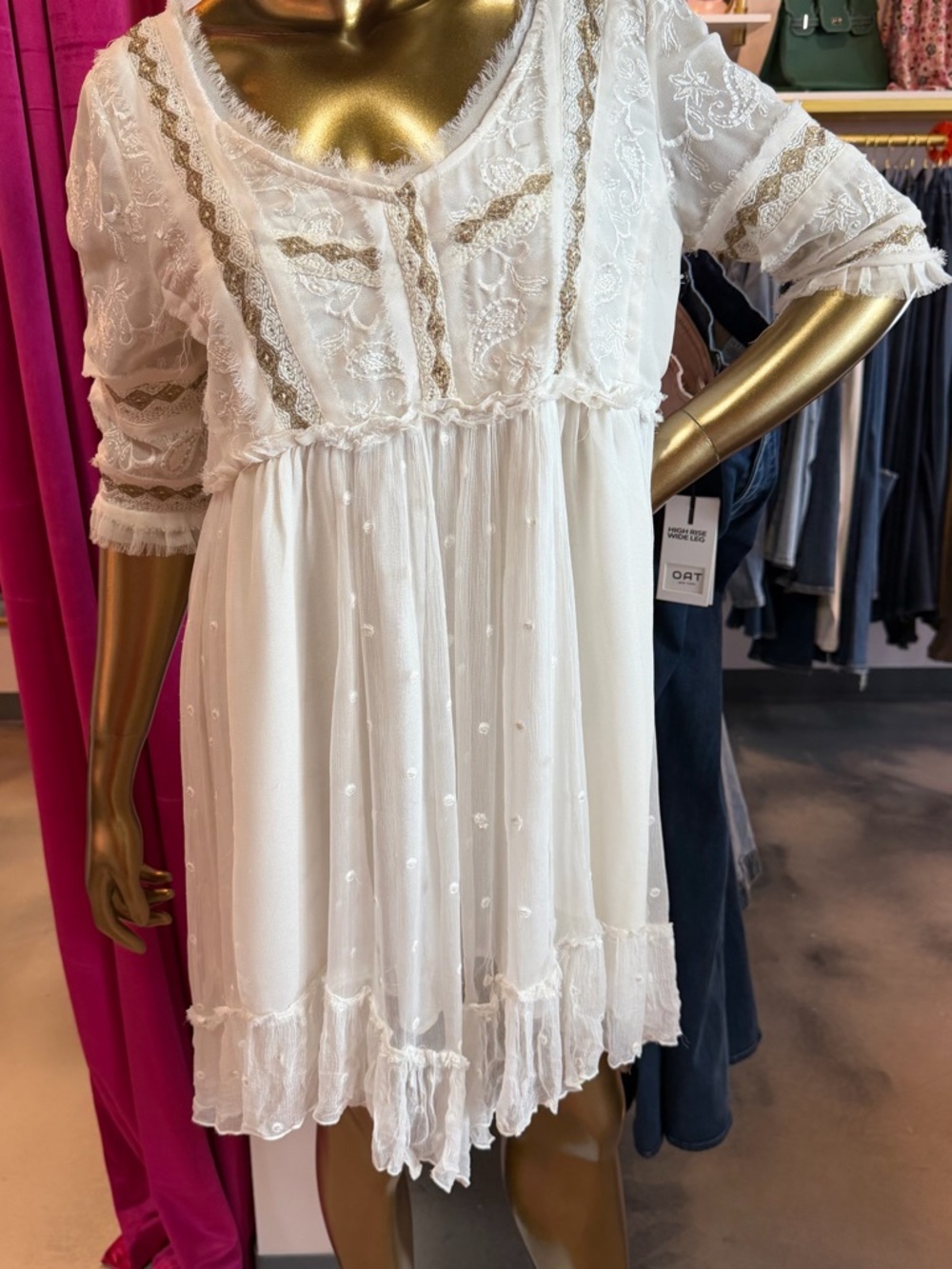 Free People White Embroidered Boho Mini Dress with Gold Trim